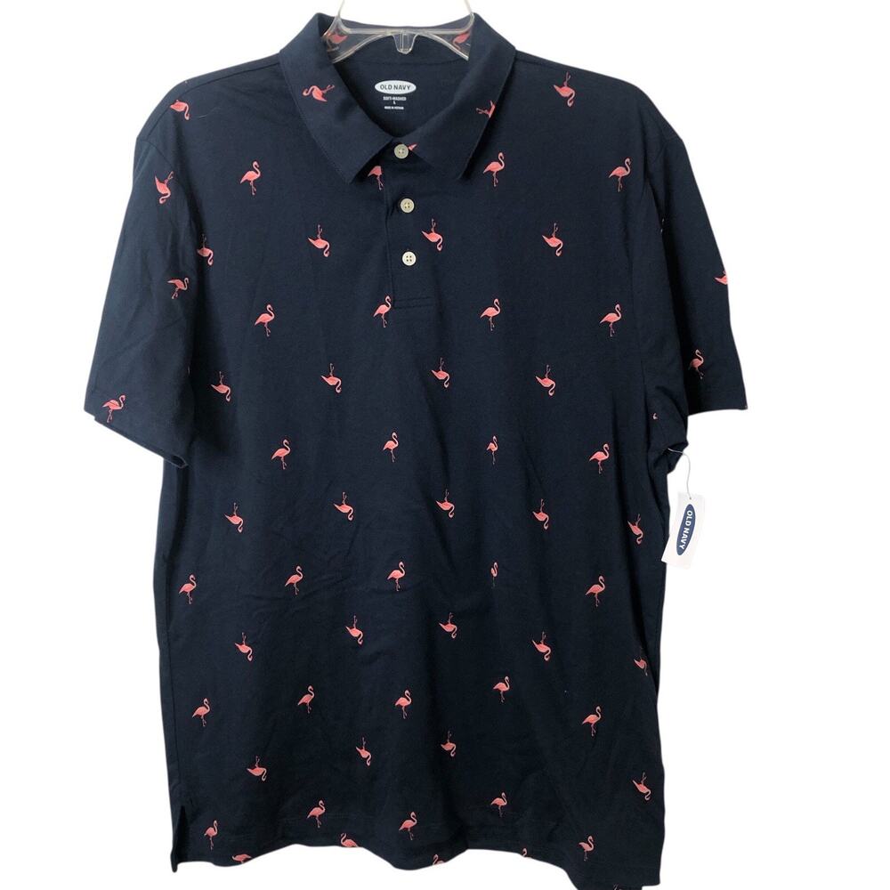 Old Navy NWT Men's Navy Blue Short Sleeve Polo Shirt w/Flamingos Size Large